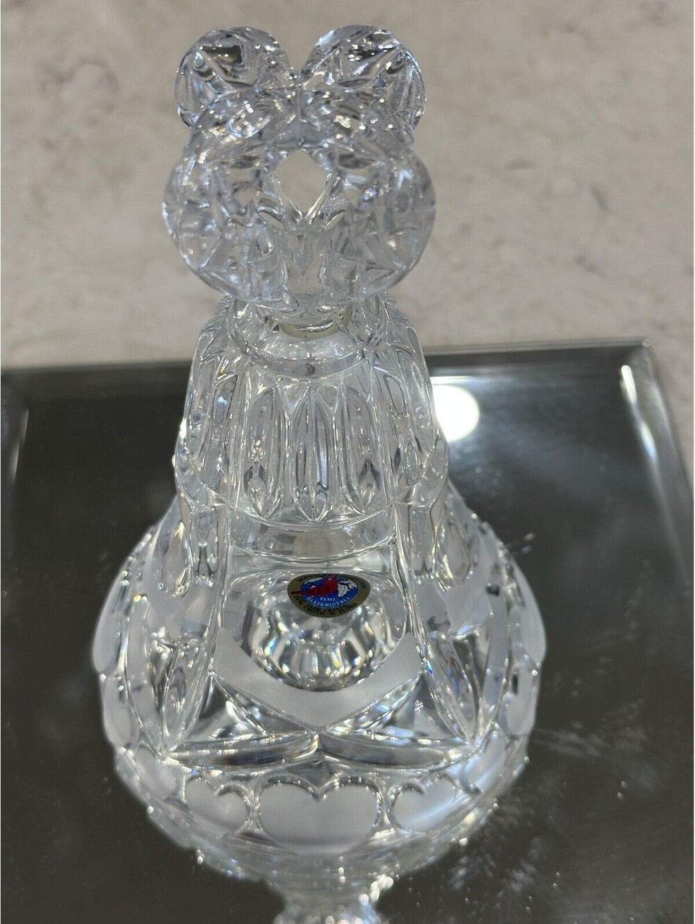 Vintage Hofbauer Lead Crystal Bell Featuring A Distinct Frosted Heart  7"